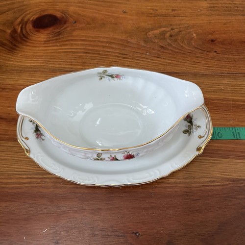 Royal Rose Fine China Gravy Boat with Attached Underplate Pink Flowers Gold Trim - Picture 13 of 20