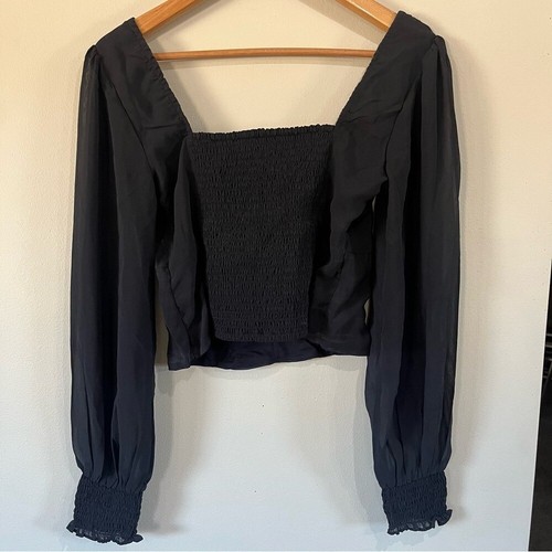 Abercrombie & Fitch Women's Medium Black Sheer Smocked Crop Top Square Neck - Picture 3 of 8