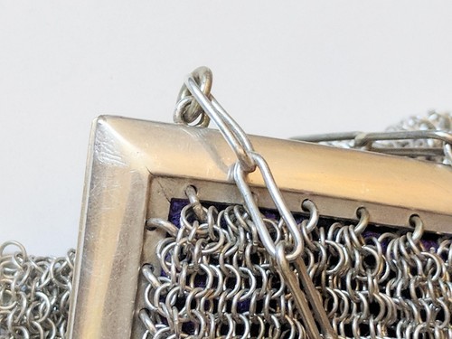 Antique Vintage Solid alpaca silver mesh purse handbag lined in purple silk - Bild 12 von 12