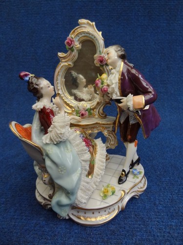 Porcelain Group "Boudoir" Miniature Volkstedt M+F near Dressing table Dresden - Picture 1 of 12