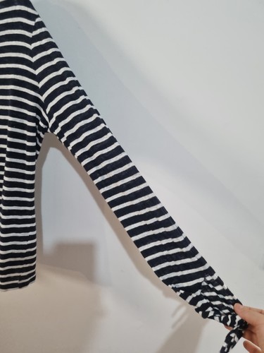 SEED HERITAGE size M linen blue striped round neck long tie sleeve basic blouse - Picture 3 of 7
