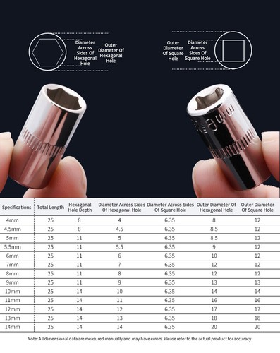 Chrome Vanadium Steel 1/4"Impact Socket Adapter Square Hexagon Bit Socket 4-14mm - Picture 3 of 10