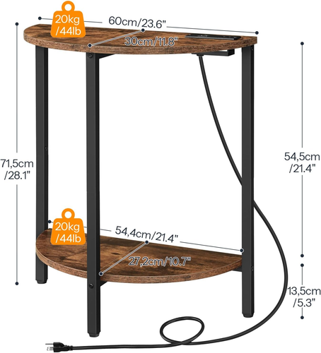Half round Side Table with Charging Station, Half Moon Table, 2-Tier Small Entry - Picture 3 of 9