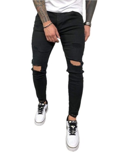 Men's Ripped Jeans Trendy Denim Pants with Elastic Feet Hot New Design Travel Je - Picture 14 of 17