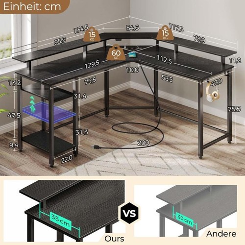 Schreibtisch L Form Mit LED & Steckdosen 117 Cm Computertisch Monitorständer - Bild 7 von 8