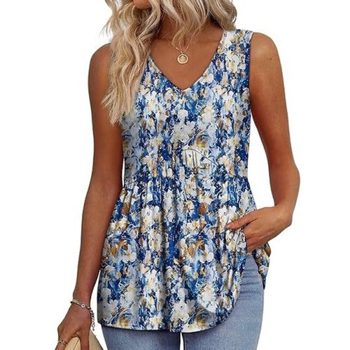 Women Sleeveless V Neck Tunics Shirt Eyelet Ruffle Babydoll Peplum Tank Tops - Picture 40 of 48