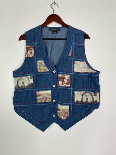 New Identity Patchwork Style Vest Womens Size 2X Blue Denim Travel Paris Jean - Picture 1 of 8