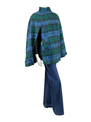 VTG 60S 70S MOD BLUE GREEN BLACK PLAID MOHAIR WOOL BLEND FUNNEL NECK CAPE 10 - Picture 5 of 9