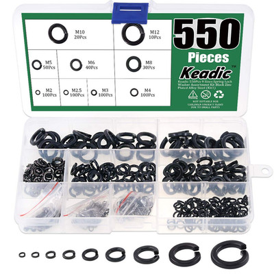 550Pcs Spring Lock Washer Assortment Kit Black Zinc Plated Alloy Steel, 9 Sizes