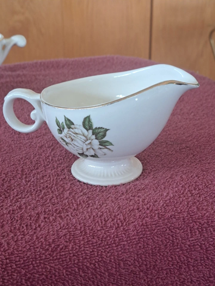 Crema y Azúcar Cuenco Vintage Patrón Rosa Blanca con Follaje Verde Borde Dorado Foto 3 de 4