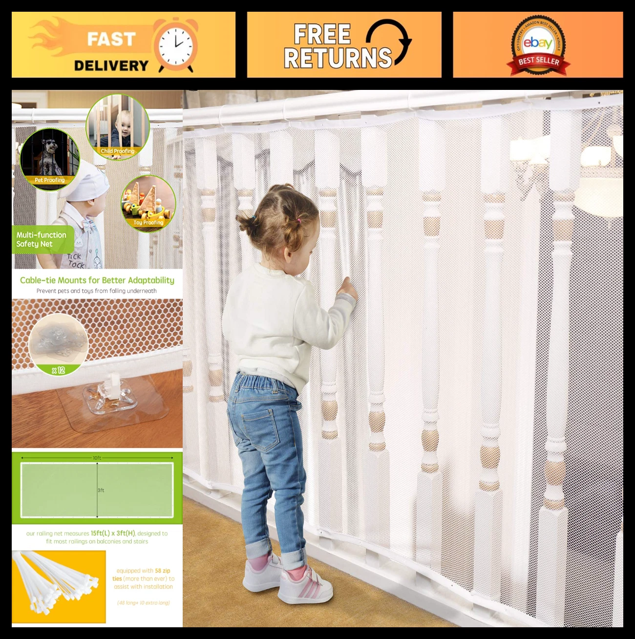 Child Safety Net Banister Guard 15ft x 3ft - Mesh Rail Protection for Kids & Pet