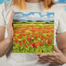 Original Impasto Oil Painting – Vibrant Red Poppies Field – Textured Landscape
