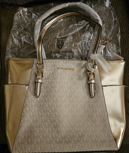 BORSA TOTE BAG MICHAEL KORS CHARLOTTE MK LOGO ORO METALLIZZATO + OLIO labbra Kab + altro - Foto 8 di 11
