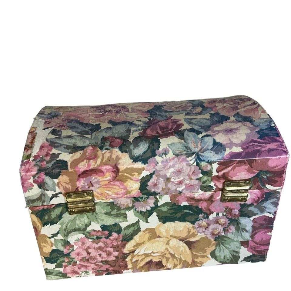 Vintage Floral Nesting Storage Trunks 10" Floral Dome Lid Brass Latch - Image 3 of 4