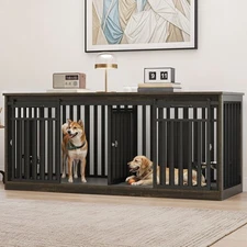 71 Inch Large Dog Crate Furniture Heavy Duty Wooden Dog Crate with 4 Dog Bowls