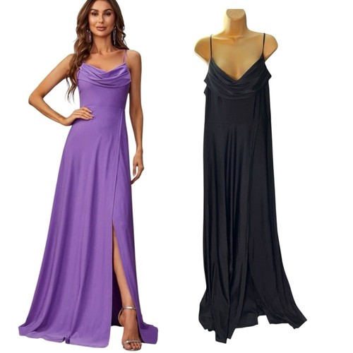Faeriesty Elegant Spaghetti Strap Slit Satin A Line Dresses Black 1XL - Picture 6 of 7