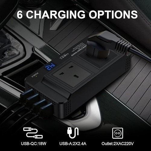 200W Power Inverter Car Charger DC 12v to AC 240v UK with 3 Pin Plug and 4 USB P - Picture 3 of 6