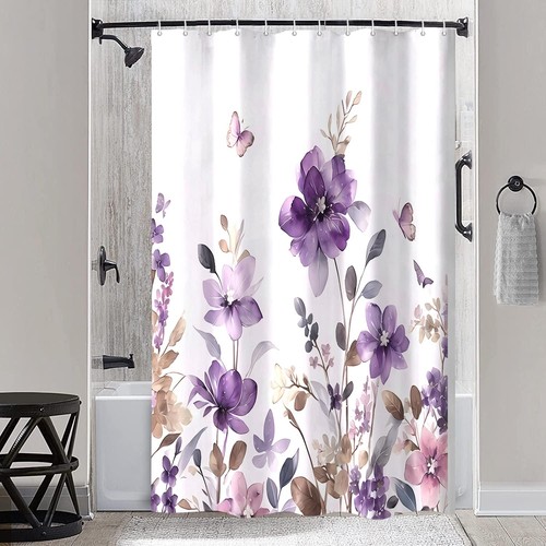 Purple Floral Shower Curtain Purple Lavender Floral Butterfly Boho Shower Cur... - Picture 4 of 9