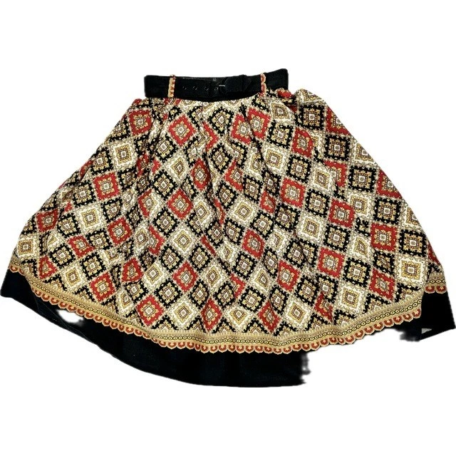 Falda Círculo Completo Vintage Años 60 70 Negra Roja Oro Estampado Diamante Cinturón Midi Pequeña Foto 3 de 4