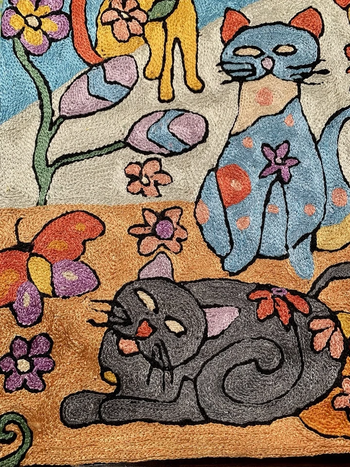 Laurel Burch Inspired Embroidered Abstract Cats Garden Throw Pillow Cover 18x18” - Image 4 of 4