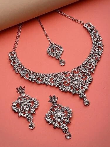 Rhodium Plated Silver AD Stones Collar Bone Necklace Set Earring Kundan Jewelry Foto 4 de 4