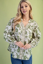 Gigio by Umgee Sage Green Floral Button Down V-Neck Blouse with Striped Detail