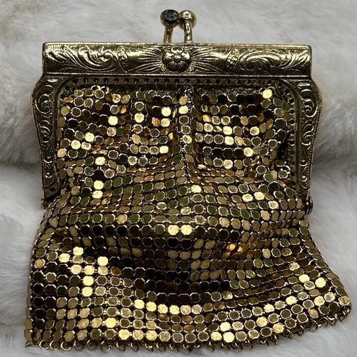 Bolso de malla metálica monedero monedero estrás broche de beso con Alemania vintage - Imagen 8 de 11