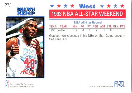 1993-94 NBA Hoops #273 Shawn Kemp Seattle SuperSonics - Picture 2 of 2