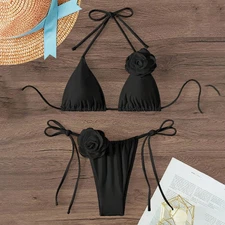 Women's Black Tie Two-Piece Bikini With 3D Rose Size M