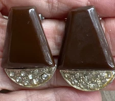 Vintage Bakelite & Rhinestones Dress Clip Pair - Brown - Simichrome Tested
