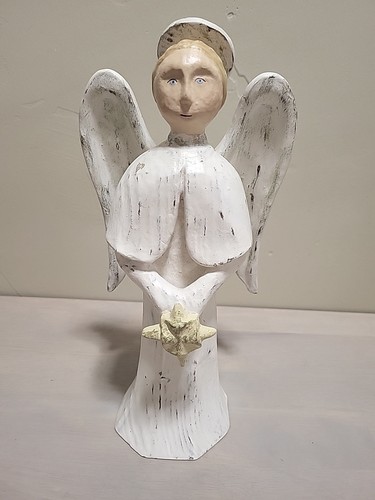 Rustic Wood Folk Art Large 9 1/2 Inch White Angel Holding Star Decor Christmas