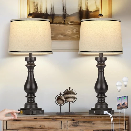 27.5" Farmhouse Table Lamp for Living Room Set of 2,Vintage Bedside Nightstan...