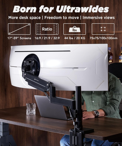 Heavy Duty Monitor Arm for Ultrawide Monitors up to 57" and 44 Lbs, Single Desk - Picture 2 of 12