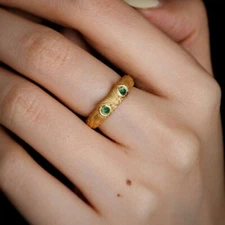 Adorable Dr. Owl Emerald Eye Band 18K Yellow Gold Engagement Open Ring