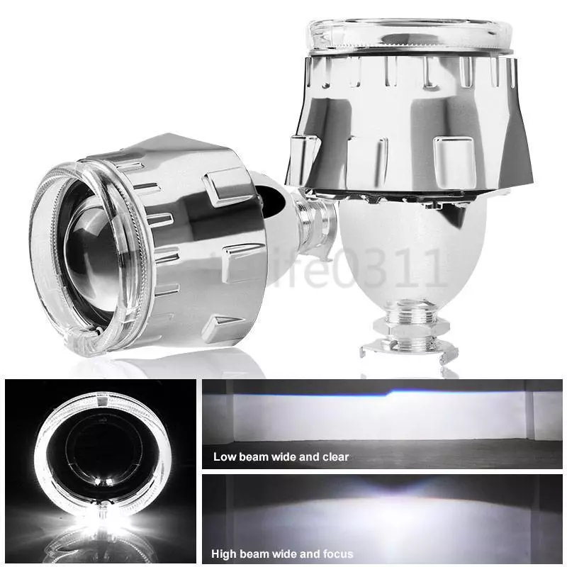 2x 2.5" Bi Xenon HID LED Projector Len H4 H7 Headlight Retrofit White Angel Eyes - Image 2 of 4