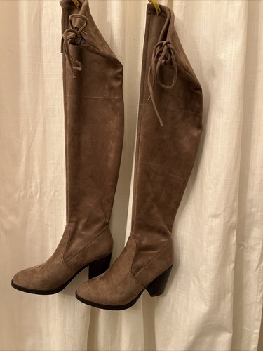 Forever Taupe Thigh High Hugo 39 Lace Back Faux Suede Size 7 Chunk Heel - Picture 6 of 9