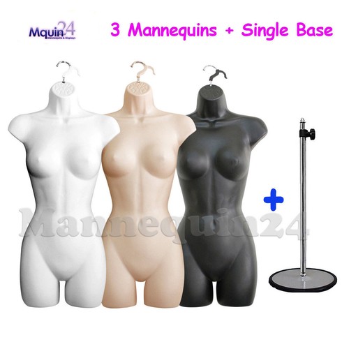 3 Mannequin Female Torsos Set White Flesh Black Dress Forms w/3 Hangers +1 Stand - Picture 1 of 6
