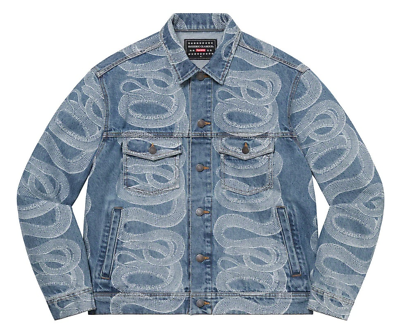 SS21 SUPREME X HYSTERIC GLAMOUR SNAKE DENIM TRUCKER JACKET BLUE SZ 
