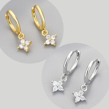 Small Hoop Earrings Mini Dangle Dainty Green Clover Crystal Charm Womens Gift