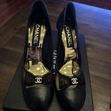 Chanel Black Mesh & Leather Pumps Size 40 3.5” Crystal CC Bow New! Retail $1225