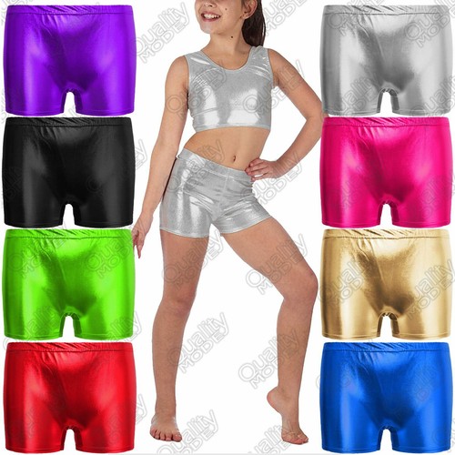 KIDS GIRLS SHINNY HOT PANTS WET LOOK PU MINI METALLIC SHORTS GYM DANCE FANCY