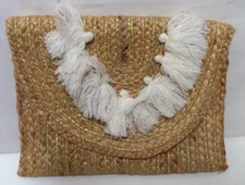 Mud Pie Straw fringe clutch purse Sprint Summer bag beige white gold