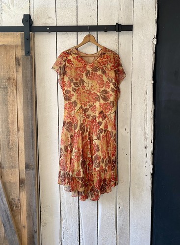 1920s Vintage Antique Orange Floral Silk Chiffon Flapper Dress Lace Capelet S/M - Picture 5 of 12