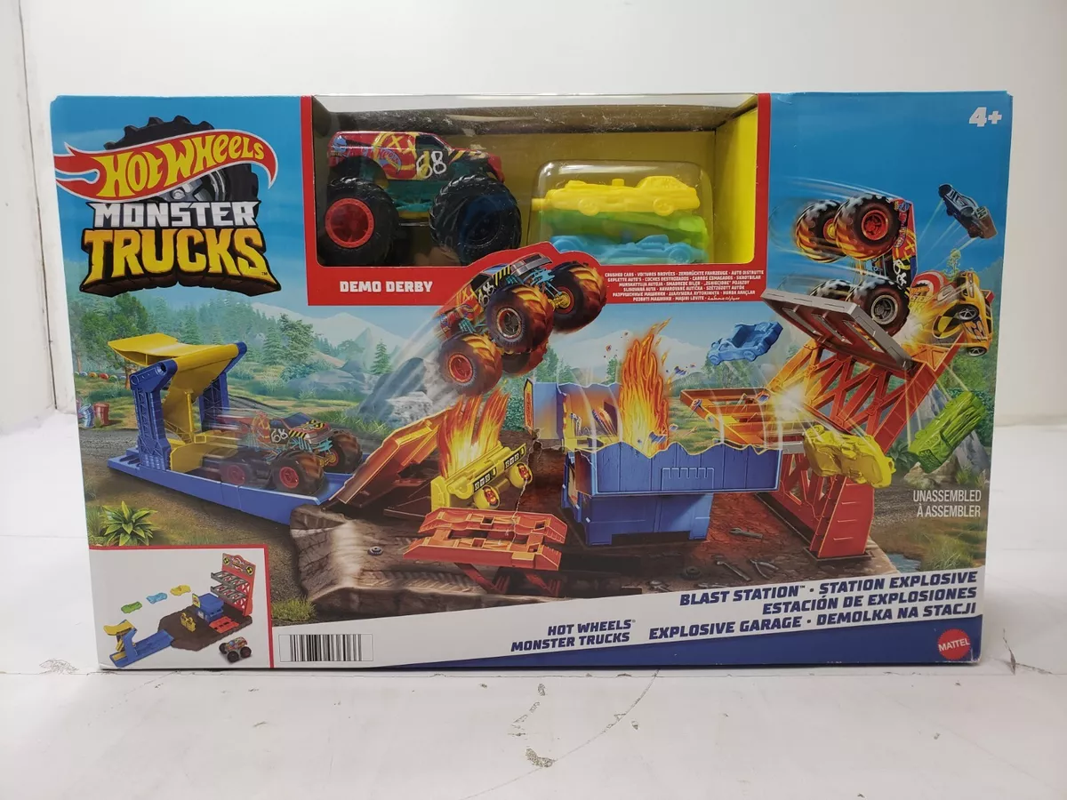 Hot Wheels Monster Trucks Blast Station Playset with 1:64 Scale Demo Derby  Toy Truck & 3 Crushable Cars