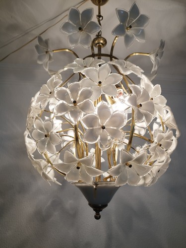 Vintage Chandelier Murano Styled White Floral 80s Lighting Light Lamp - Picture 8 of 11