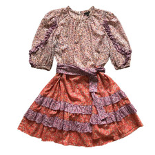 Ann Taylor Floral Fit & Flare Dress Womens 6 Orange Purple Crew Neck Mini Ruffle