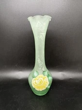 Frosted Green Glass bud vase crackle bottom. Hand Painted Flowers. Vintage