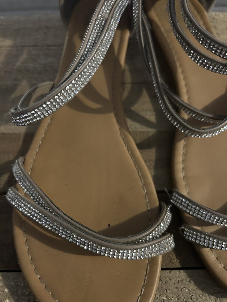 Daisy Fuentes Flat Sandals Ankle Strap Rhinestones Taupe