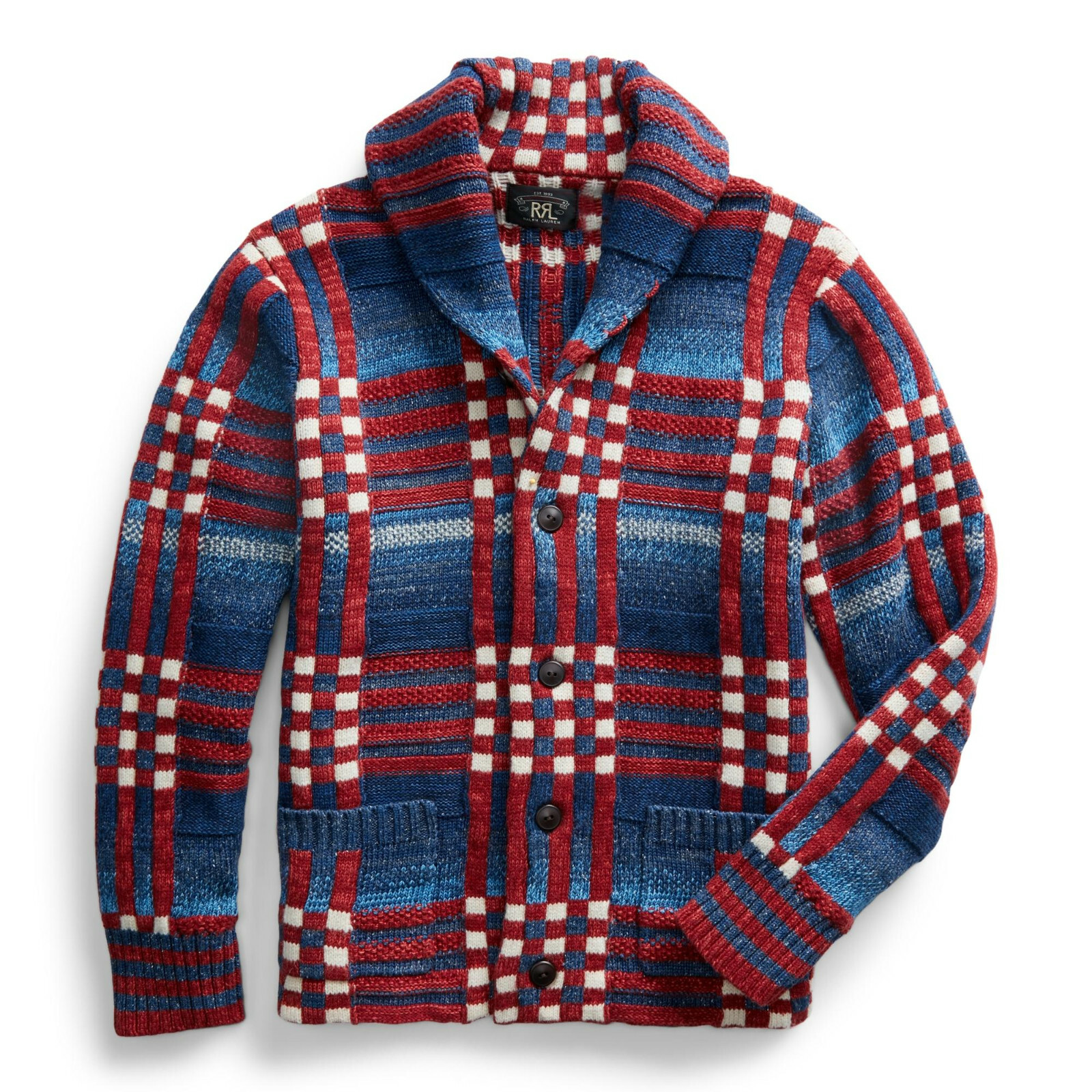 Ralph Lauren RRL Indigo Plaid Wool Linen Shawl Collar Cardigan