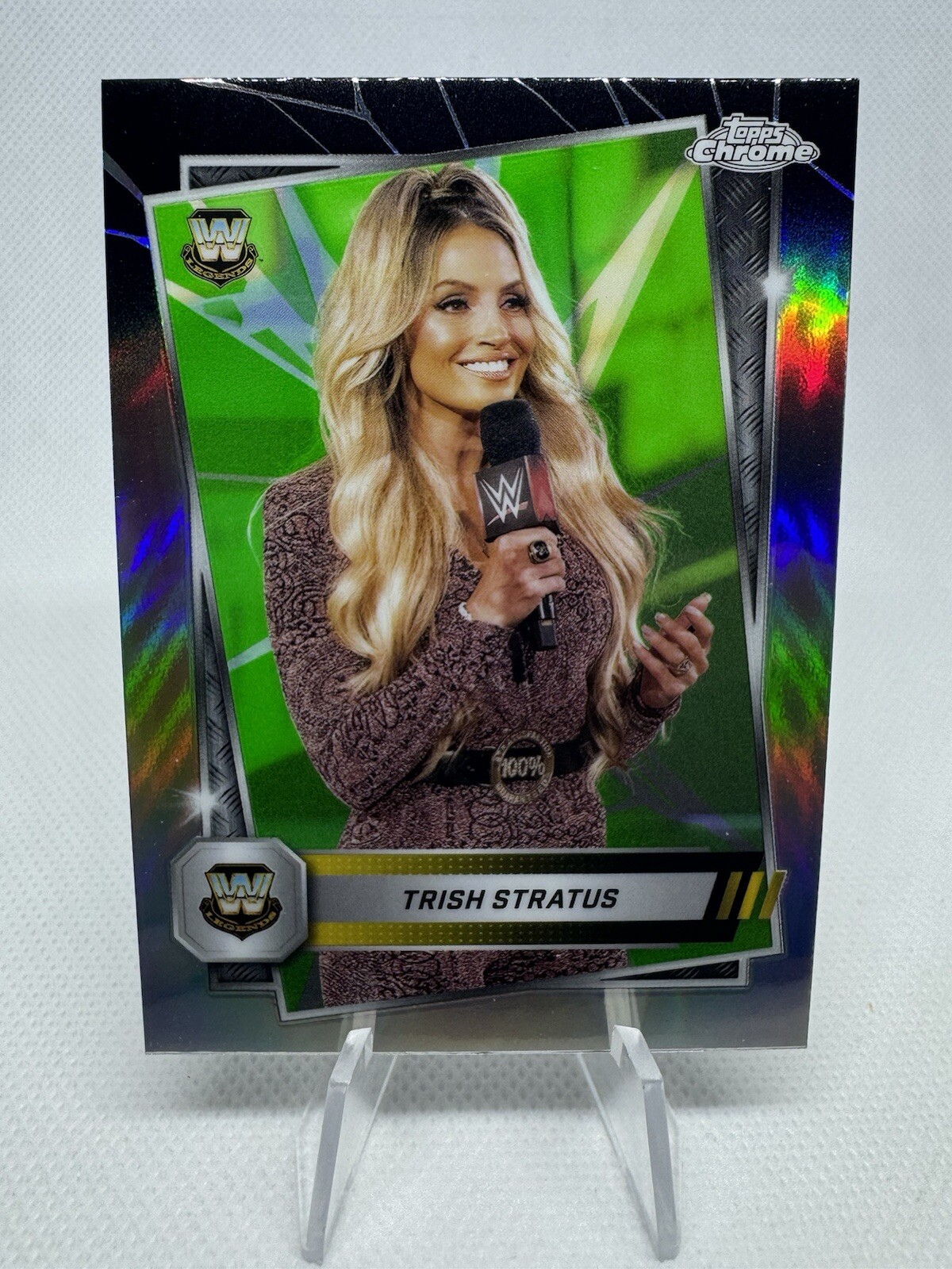 Trish Stratus 2025 Topps Chrome WWE Neon Green and Black Refractor #146 Legends